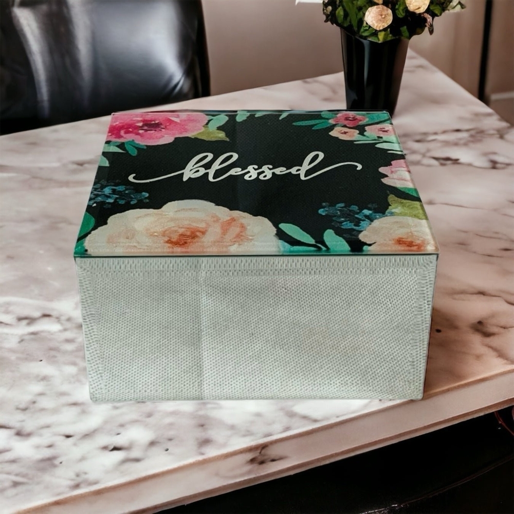 Blessed Floral Mirrored Jewelry Box 4.75" Square Keepsake Trinket Storage VG